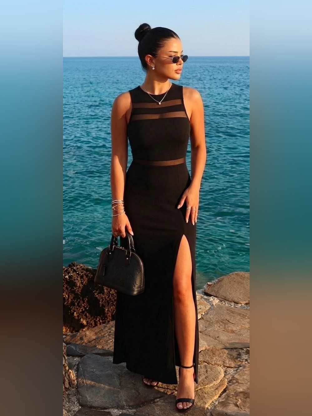 Formal Luxurious Long Black Mesh Dress Side Slit Size S